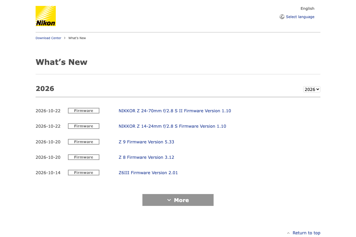 Nikon Download Center update page